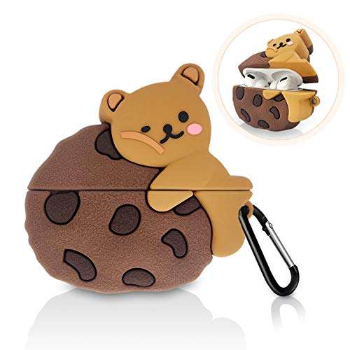 Cookie Bear Airpods Pro Case, 3D Cute Cartoon Character Protective Soft Silicone Air Pods Pro Cover with Keychain, Apple Airpods 3 Kawaii Animal Food Skin Accessories Gift for Girls Boys Kids Teens 1
