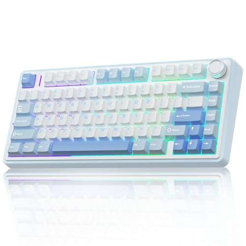 AULA F75 75% Wireless Mechanical Keyboard, Hot Swappable Creamy Keyboard, Pre-lubed Greywood Switches RGB Backlit Gaming Keyboards, 2.4GHz/Type-C/BT5.0(Salt White Blue) 1