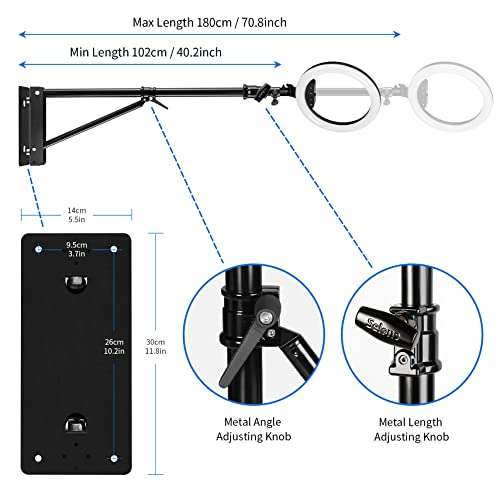 Selens Wall Mount Triangle Boom Arm-Max Length 5.9 Feet/180cm , 180° Flexible Rotation Camera Wall Mount for Photography Strobe Light, Ring Light, Umbrella Softbox, Reflector (Black) 5