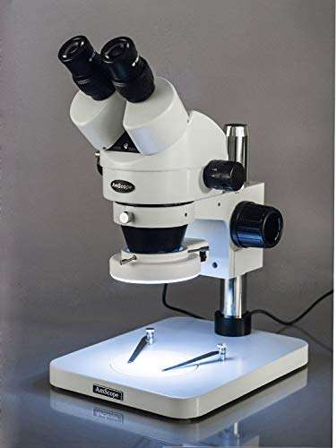 AmScope SM-1BSY-64S Professional Binocular Stereo Zoom Microscope, WH10x Eyepieces, 7x-90x Magnification, 0.7X-4.5X Zoom Objective, 64-Bulb LED Ring Light, Pillar Stand, 110V-240V, Includes 2.0x Barlow Lens 4
