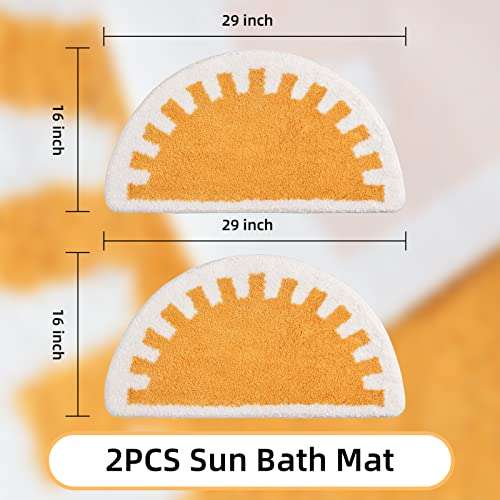 TRUEDAYS Bathroom Rugs Sets 2 Piece Water Absorbent Non Slip Yellow Boho Bath Mat Soft Cute Half Circle Bathroom Mat Washable Fluffy Bohemian Sun Bath Rug Set 2
