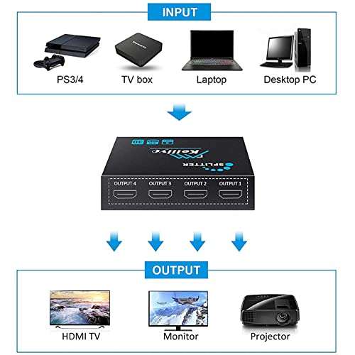 HDMI Splitter 1 in 4 Out - KELIIYO 4K Hdmi Splitter 1x4 Ports Powered HDMI Splitter Supports 3D 4K@30HZ Full HD1080P for Xbox PS4 PS3 Fire Stick Roku Blu-Ray Player HDTV (1 Input 4 Output) 2
