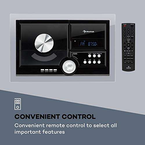 AUNA Stereosonic Microsystem, Shelf Stereo System, Micro System, 2 Stereo Speakers, Front-Loading CD Player, FM Tuner, Bluetooth, Wireless Connection, USB Port, Incl. Remote Control, Black 3