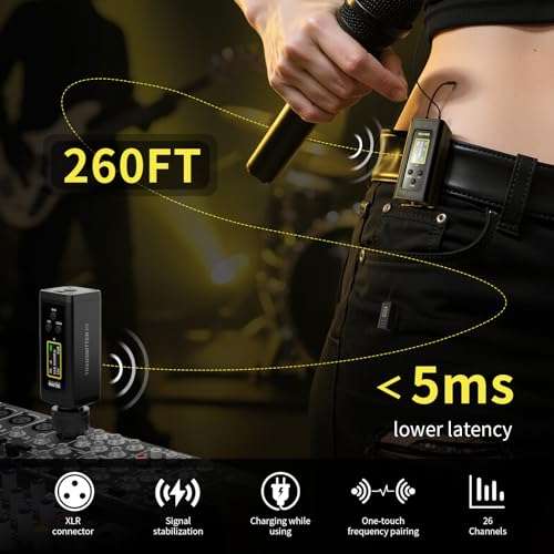 HHLPRO UHF Wireless in Ear Monitor System, 260 FT Range, Low Latency IEM System with 26 Channels, Dual Volume Control, Auto Pairing, Beltpack Transmitter & Receiver for Musicians, Band Rehearsal, F10 3