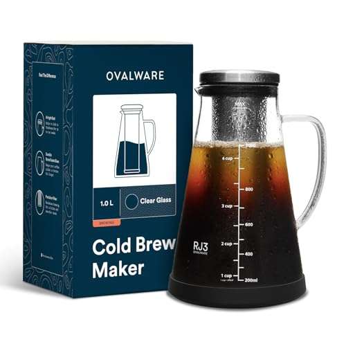 OVALWARE Airtight Cold Brew Iced Coffee Maker Pitcher and Tea Infuser with Spout - 1.0L / 34oz Ovalware RJ3 Brewing Glass Carafe with Removable Stainless Steel Filter 1