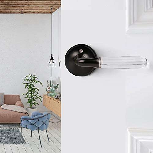 Glass Door Lever with Black Finish,Pack of 5,Privacy Function for Bed and Bath, Interior Crystal Door Knob with Lock,Modern Door Handle Euro Style 4
