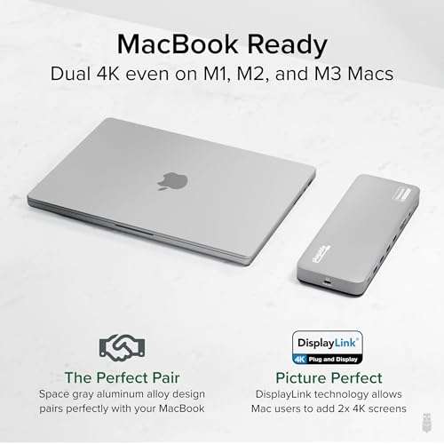 Plugable USB C Laptop Docking Station, Dual Monitor 4K 60Hz for Apple Mac M1/M2/M3/M4, 2X HDMI or 2X DisplayPort, 100W Charging DisplayLink Dock, 2 Displays for MacBook, Driver Required (UD-6950PDH) 3