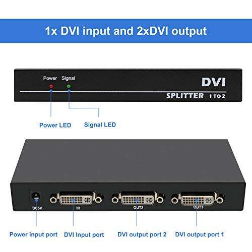 VPFET DVI Splitter 1x2 DVI 1 in 2 Out 2Port DVI Distribution Duplicator Splitter Supports Resolution up to 4K2K/30Hz Automatically Copy EDID 6
