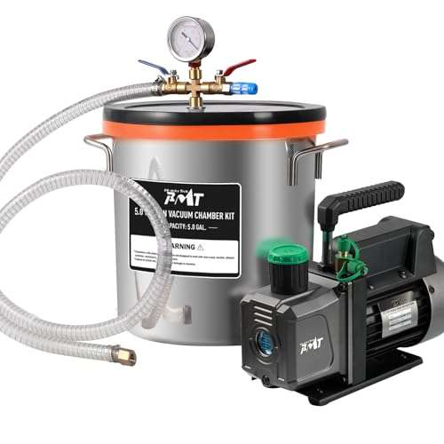 PB Motor Tech 5 Gallon Vacuum Chamber Kit with 4.5 CFM Vacuum Pump, Tempered Glass Lid Vacuum Chamber and 38 Micron Chamber Set, No Oil Included, Perfect for Wood Stabilization 1