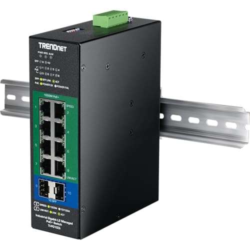 TRENDnet 10-Port Industrial Gigabit L2 Managed PoE+ DINRail Switch 24 – 57V, TI-PG103i, 8 x Gigabit PoE+ Ports, 2 x SFP Ports, 20Gbps, IP40, Ethernet Splitter, NDAA & TAA Compliant 4