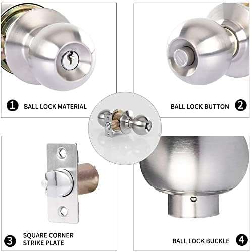 Door Knob with Lock Bedroom - Keyed Entry Door Knob Lock Interior and Exterior Bathroom,Stainless Steel Privacy Locking Door Knob Round Ball Door Lock Brushed Nickel(Silver) 3