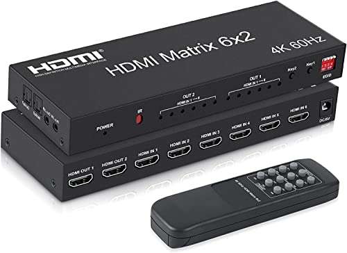 Microware 4K@60hz HDMI Switch 6 Port HDMI Matrix Switch 6x2 HDMI Splitter 4K with Optical SPDIF Toslink & 3.5mm Audio Extractor for PS4/XBox/Apple TV 1
