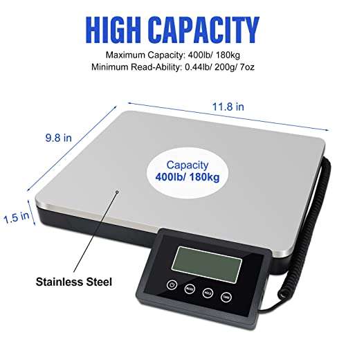 AURGOD Shipping Scale, 400lbs/180kg Heavy Duty Digital Postal Scale, Portable Stainless Steel LCD Display Platform Scale for Shipping W/ 12" X 10" Platform 2