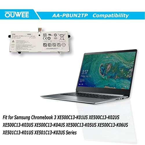 OUWEE AA-PBUN2TP Laptop Battery Compatible with Samsung Chromebook 3 XE500C13-K01US XE500C13-K02US XE500C13-K03US K04US K05US K06US XE501C13-K01US XE501C13-K02US Series 7.6V 33Wh 4400mAh 2-Cell 4