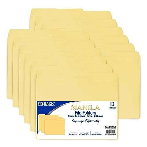 BAZIC Manila File Folder 1/3 Cut Letter Size, Left Right Center Tabs Positions, for Organizing Filing Document Storage, Total 12-Count 1