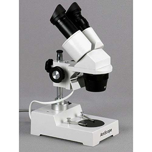 AmScope SE304-P Binocular Stereo Microscope, WF10x Eyepieces, 20X and 40X Magnification, 2X and 4X Objectives, Tungsten Lighting, Reversible Black/White Stage Plate, Pillar Stand, 110V 3