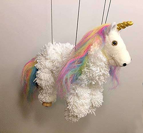 White Unicorn with Rainbow Mane Yarn Pom-Pom Marionette