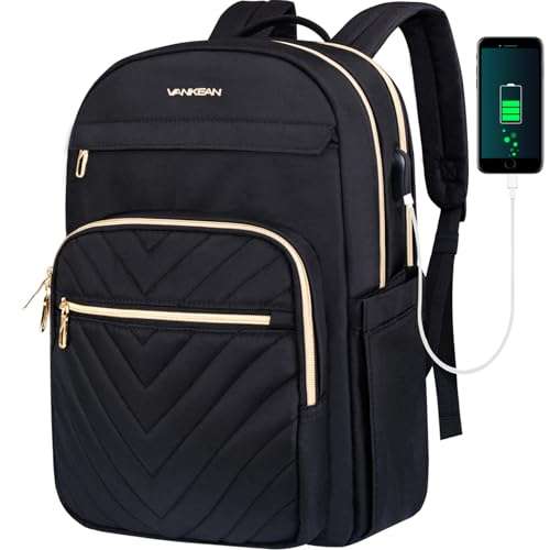 VANKEAN 15.6 Inch Laptop Backpack for Women Men Work Bag Fashion with USB Port, Waterproof Backpacks Nurse Stylish Travel Bags Casual Daypacks for College, Business, Black