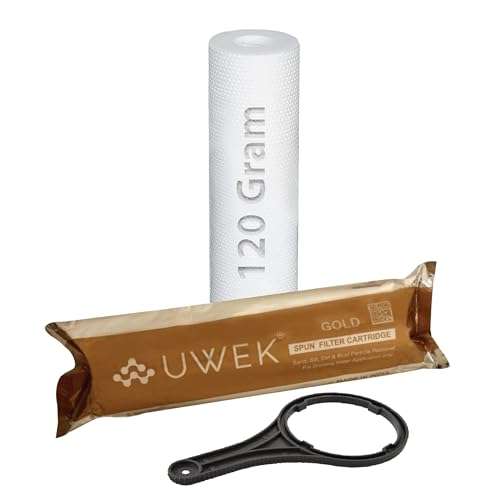 UWEK Gold 10 Inch High Density Spun Pre Filter 5 Micron PP Spun Cartridge 120 gm Sediment Filter Candle Compatible with RO Pre-Filter Housing of Water Purifier (Pack of 2 Spun + Spanner)