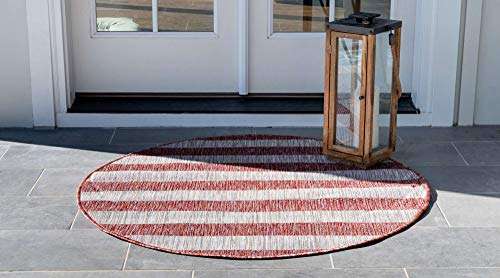 Unique Loom Outdoor Striped Collection Area Rug - Distressed Stripe (4' 1" Round, Rust Red/ Gray) 2