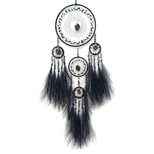 RAGKUU Black Large Dream Catcher Wall Decor Pampas Grass Dream Catchers with Stone Pendant Handmade Dreamcatcher Wall Hanging Ornament Art Craft for Bedroom Living Room Home Decor 1