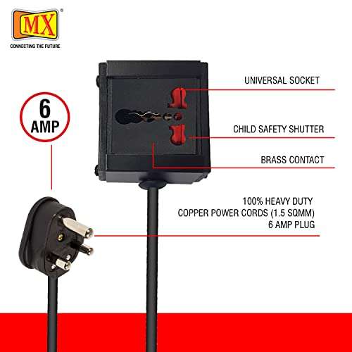 MX Extension Board Single Outlet 1800W 6/16 AMP Socket to 6 AMP Plug with Heavy Duty (0.75 Sq.mm ISI Marked) Power Cord 3 mtr with Child Safety Shutter & Flame Retardent Body (Black)- MX 4219 2