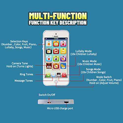Cooplay 1X Child Phone Toy Toddler Rechargeable Smart Phone Play Music Song Educational Recharge Type-C Mobile for Baby Kids Children Infant 5