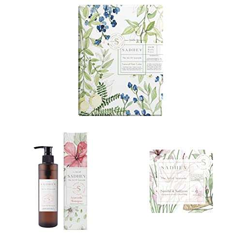 Sadhev - Ayurvedic Hair Colour - Double Process, Sadhev - Ayurvedic Shampoo - Coconut & Hibiscus and Sadhev - Depigmentation Bathing Bar - Sandal & Saffron Combo 1