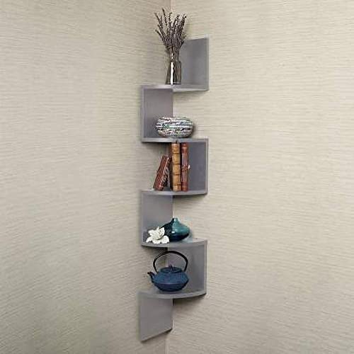 HusNain Wooden Wall Mount Zig zag Shaped Shelf for Living Room , Zig Zag Home Decor Floating Display Rack Storage Organizer Unique Design with Finish 5 Tiers Book Shelf Corner (Grey)