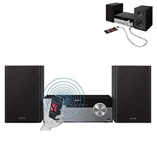Sony All-in-one Stylish Micro Music Hi-Fi Bookshelf Stereo System for Home with Bluetooth, USB, CD Player & AM/FM Radio + Bundle with Remote + Aux Cable + HeroFiber Cloth, Compatible with Sony System 2