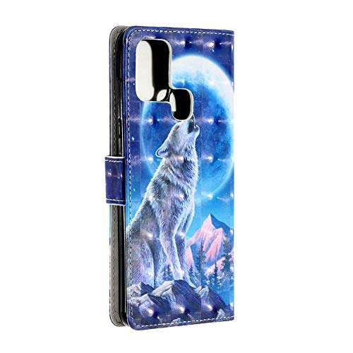 QIVSTAR Case for Samsung Galaxy A21S 3D Book Style Case 360 Degree Protective Case with Wrist Strap Flip Folio Case for Samsung Galaxy A21S Moon Wolf YY 3