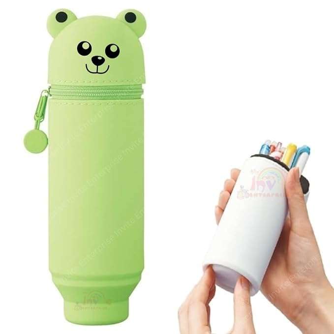 2-in-1 Soft Silicone Pencil Case-Teddy Bear will keep you stylish,retractable feature, and soft touch, this indispensable school bag may be used as both a pencil case and a pen holder (Green) 3