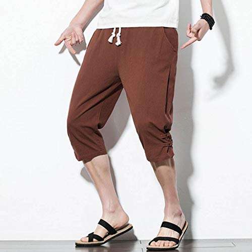 Hmlai Clearance Men Shorts Casual Big and Tall Elastic Waist Fashion Leisure Linen Loose Fit Calf-Length Linen Pants (XL, Coffee) 3
