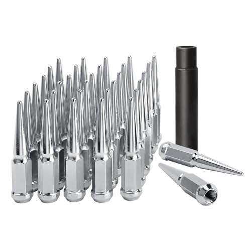 DYNOFIT 9/16-18 Wheel Spike Lug Nuts, 32x Chrome 9/16 inchx18 Lug Nut with 1 Socket Key, DYNOFIT 4.4'' Tall Closed End Lug Nuts for 1994-2011 Dodge Ram 1500 2500 3500/1988-1998 F250 F350 1