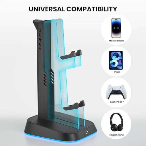 SALYMECONY Headphone Stand, Controller Holder & Headset Holder for Desk, Gaming Controller Holder with 6 RGB Lights - Display Stand, for Controllers of Xbox, PlayStation, Nintendo Switch, and More 6