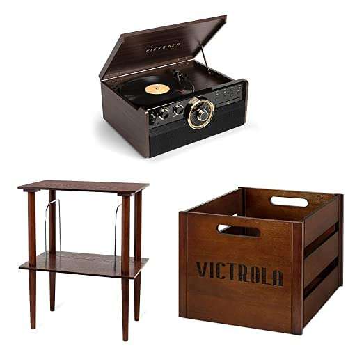 Victrola Empire Mid-Century 6-in-1 Turntable (Espresso) with Victrola Wooden Stand for Wooden Music Centers with Record Holder Shelf, Espresso & Victrola Wooden Record Crate 1