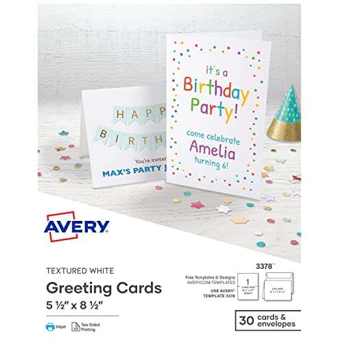 Avery Printable Greeting Cards, Half-Fold, 5.5" x 8.5", Textured White, 30 Blank Cards with Envelopes (3378) 1