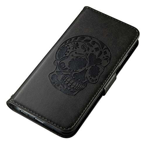 Jiangym Mobile Phone Leather Cases for Huawei P10 Skull Pressed Flowers Pattern Horizontal Flip Leather Case with Holder & Card Slots & Wallet & Lanyard (Black) Leather Cases (Color : Black) 4