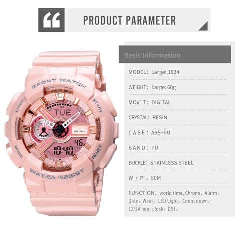 CARLIEN Men's Analog Digital Display LED Watch Military Multifunctional Waterproof Quartz Sports Watch with Transparent Strap (Pink Pink) 2