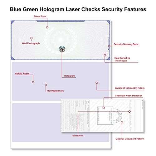 Blank Hologram Premium Computer Checks, Top High Security Laser Checks with Perforated Vouchers, Qty. 500 Blue Green 3