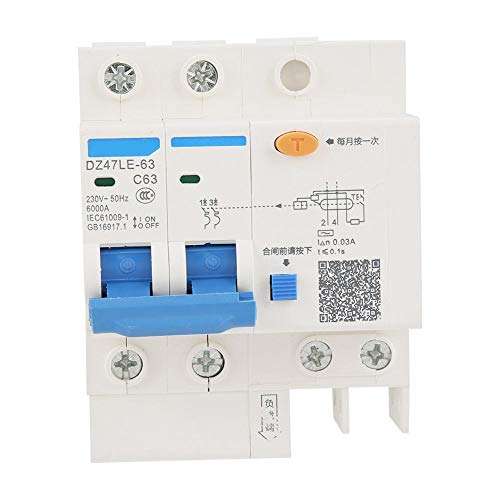 Residual Current Circuit Breaker, DZ47LE-63 2P + N C63 RCCB Air Switch with Short Circuit Protection, Electrical Leakage, Overload, for 230V Circuit 63A 30mA ZozCgkdz