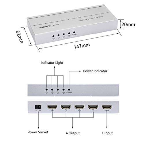 CERRXIAN HDMI Splitter 1 in 4 Out 4Kx2K @30Hz HDMI 1.4 HDCP,1 x 4 HDMI Splitter with DC Adapter Supports 4K@30HZ Full HD1080P for Xbox PS4 PS3 Fire Stick Roku Blu-Ray Player HDTV (1 in 4 Out) 4