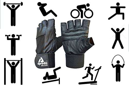 Aprodo All Leather Fitness Gym Gloves with Long Wrist Support (Black, Free Size) (Vintage Black) 2