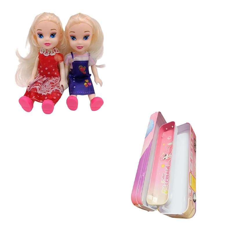 AKTOON TOYS (Combo Pack) Mermaid Bus Pencil Box for Kids with Moving Tyers Art Metal Geometry Mermaid Art Metal Pencil Box & Cute Two Sister Doll Set of 2 Sister - Multicolor