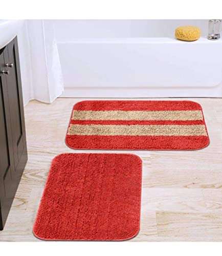 Scores Micro Anti Slip Striped Bath Mat, Doormats & Entrance gate Combo Pack of 2 pcs (Red Stripe) 1