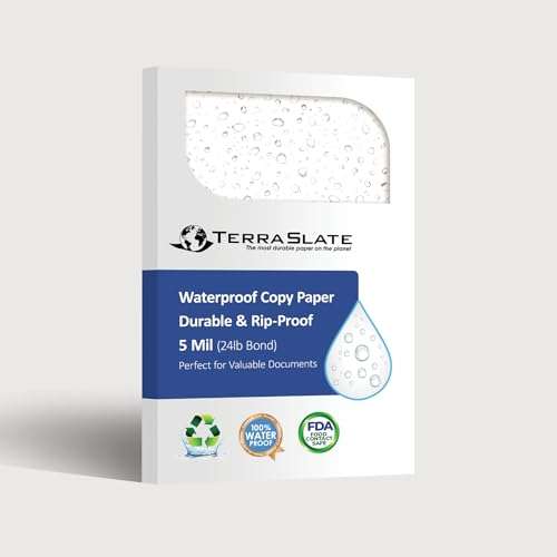 TerraSlate Premium Waterproof Paper, 5 MIL 8.5” x 11”, Laser Printer & Copy Machine Compatible, Durable & Rain/Weather-Proof Copy Paper, White Paper (25 Sheets) 1