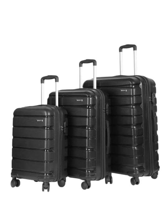 Teakwood Small-Medium-Large 8 Wheels Trolley Bag, Hard Cabin with Zipper Closure, Adjustable Push Button & Cross Side Strap, TSA Lock System 360 Degree (Set of 3, Black)