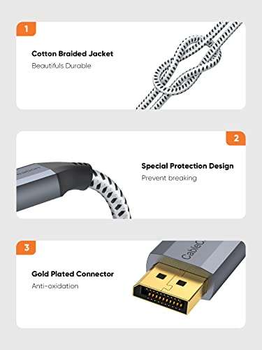 CableCreation 8K DisplayPort Cable 3 FT/0.9M, DP Cable 1.4 Male to Male,Support 8K@60Hz, 4K@144Hz, 2K@165Hz Video Resolution & HDR,Gray 2