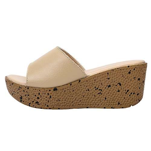 fereshte Women's Leather Open Toe Wedges Slide Platform Sandals Beige 37 - US 6.5 2