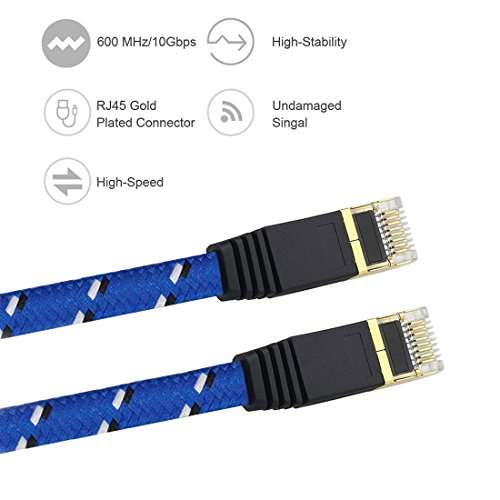 Tanbin Nylon Cat 7 Ethernet Cable 15Ft, Cat7 RJ45 Network Patch Cable Flat 10 Gigabit 600Mhz LAN Wire Cable Cord Shielded for Modem, Router, PC, Mac, Laptop, PS2, PS3, PS4, Xbox 360 Blue 5